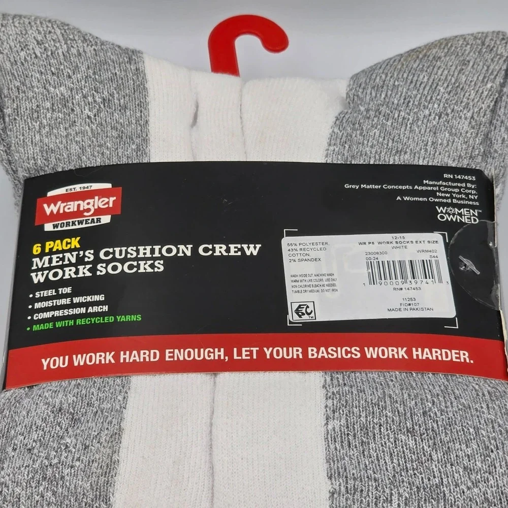 Wrangler Men's 6 Pack Cushion Crew Work Socks Big & Tall Size 12-15 White NEW
